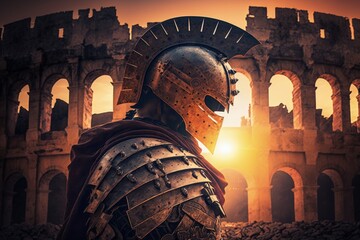 Wall Mural - Gladiator with Roman coliseum in the background, roman gladiator, Generative AI