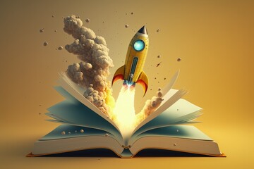 Wall Mural - Rocket coming out of open book, isolated on yellow background, Generative AI