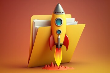 Wall Mural - rocket taking off and file folder on orange background, generative ai