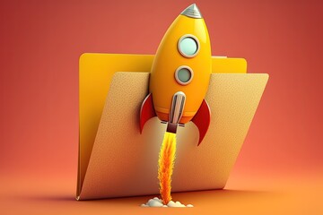 Wall Mural - rocket taking off and file folder on orange background, generative ai