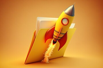 Wall Mural - rocket taking off and file folder on yellow background, generative ai