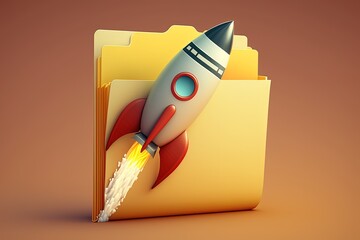 Wall Mural - rocket taking off and file folder on yellow background, generative ai