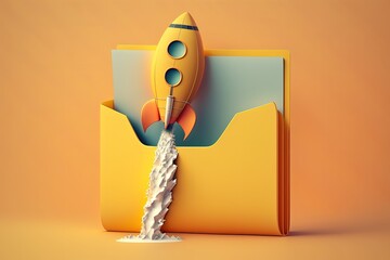 Wall Mural - rocket taking off and file folder on yellow background, generative ai