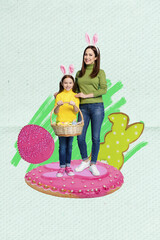 Sticker - Vertical collage artwork image of mini mother daughter embrace hold painted egg basket stand huge glazed cookie isolated on creative background