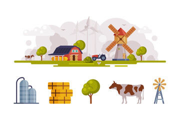 Wall Mural - Farm Object with Timbered Red Barn, Hay, Tree, Cow and Windmill Vector Set