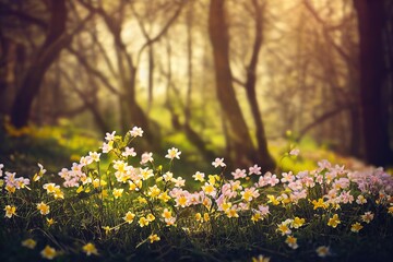 Canvas Print - Beautiful flowers on meadow with blurred forest trees in background digital illustration., created with generative ai