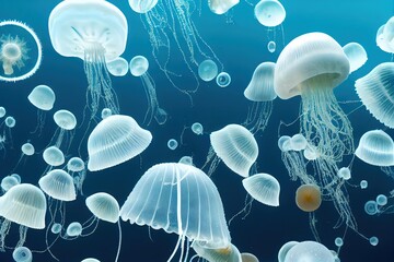 Wall Mural - Beautiful jellyfish coral reef creature on blue sea background. Underwater marine wildlife undersea ecosystem nature wallpaper., created with generative ai