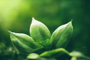 Poster - Bright green leaves of growing plants closeup background 3D render digital illustration., created with generative ai