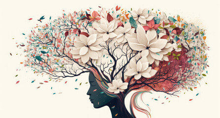 blooming woman's head with flowers. self-care and mental health concept. positive thinking, creative