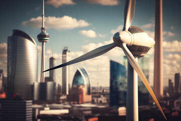 Wind turbine against the backdrop of the Big City. Generative AI