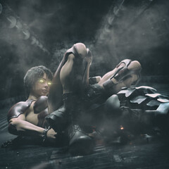 strong female cyborg destroying a combat drone with leg choke move in a science fiction style soft focus background environment