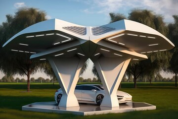 Canvas Print - electric car charging station with futuristic design, featuring sleek solar panels and led lighting, created with generative ai