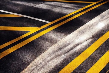 Sticker - Abstract asphalt road area highway with yellow strip traffic and direction marking background. Rough grunge walkway structure passage surface wallpaper., created with generative ai