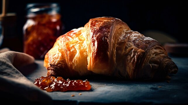 Delicious-looking croissant with jam, on dark background