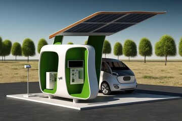 Sticker - electric car charging station with built-in solar panel for environmentally friendly charging, created with generative ai