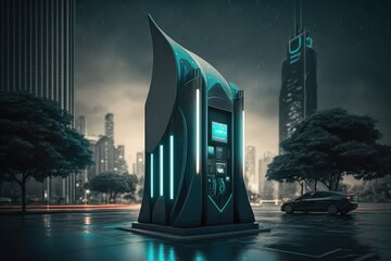 Poster - electric car charging station, with sleek and modern design, in futuristic city, created with generative ai