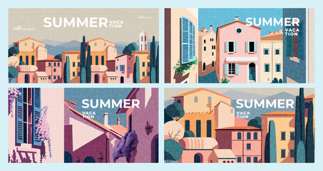 Wall Mural - Summer nature landscape horizontal poster, cover, card set with summer town, street, houses, mountains and typography design. Summer holidays, vacation travel in Europe illustrations.