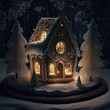 Holiday Home Sweet Home: Traditional Gingerbread House Decorated in a Dark Snowy Forest, Generative AI