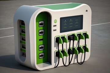 Poster - charging station with multiple charging ports, allowing several electric cars to charge at the same time, created with generative ai