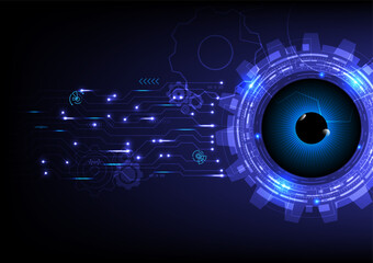 Fototapete - abstract background future technology innovation Blue glowing eyes with Electronic circuit gears with bright dots and elements on a gradient background