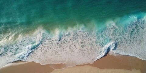 Wall Mural - Aerial view of clear turquoise sea clean ocean waves breaking on white sand beach with turquoise emerald coloured water. Generative AI