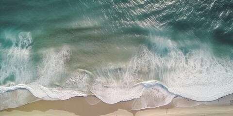 Wall Mural - Aerial view of clear turquoise sea clean ocean waves breaking on white sand beach with turquoise emerald coloured water. Generative AI