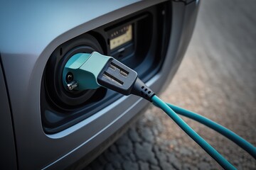 Sticker - close-up of charging cable plugged into electric car, created with generative ai