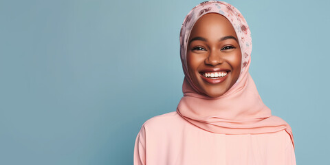 Poster - Portrait of a beautiful black muslim woman wearing a headscarf. Generative ai