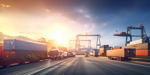 Wall Mural - Modern System transportation and logistic import export and transport industry of truck container cargo ship and cargo plane with working crane bridge in shipyard at sunset sky. Generative AI	
