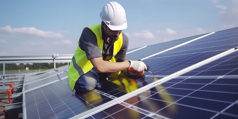 Sticker - Architect and engineer work to the maintenance of Solar photovoltaic rows array of roof mount system Installation. Producing alternative energy for sustainable development.Generative AI technology.