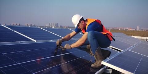 Poster - Architect and engineer work to the maintenance of Solar photovoltaic rows array of roof mount system Installation. Producing alternative energy for sustainable development.Generative AI technology.