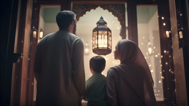 family looking at mosque. ramadan kareem greeting concept. generative ai