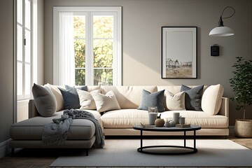 Wall Mural - Cozy Contemporary Living Room with a Beige Cloth Couch - Furniture for Any Home Interior. Generative AI