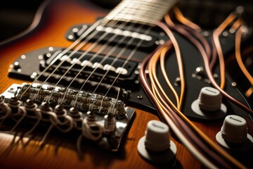 Canvas Print - close-up of electric guitar strings, with the hum and buzz of the amp in the background, created with generative ai