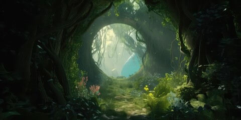 Wall Mural - A magical, fantastic dense green forest. A blue portal is visible between the trees. Generative AI