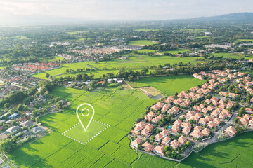 Wall Mural - land plot in aerial view. gps registration survey of property, real estate for map with location, ar