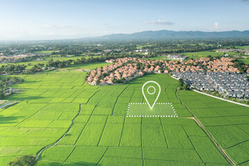 Wall Mural - land plot in aerial view. gps registration survey of property, real estate for map with location, ar