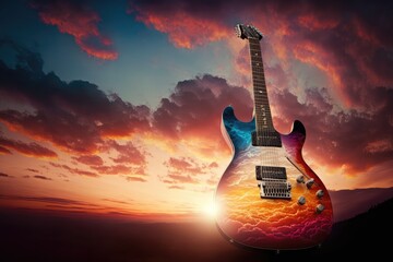 Wall Mural - electric guitar, with the sun setting in the background, against a sky filled with clouds, created with generative ai