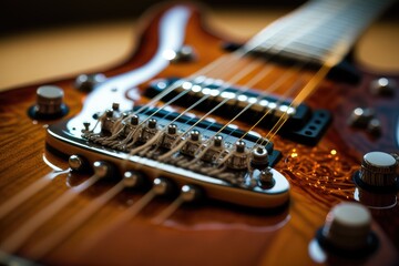 Canvas Print - close-up of electric guitar, with strings and fretboard in focus, created with generative ai