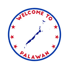 Wall Mural - Welcome to Palawan stamp. Grunge island round stamp with texture in Super Rose Red color theme. Vintage style geometric Palawan seal. Authentic vector illustration.