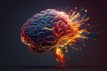 Creative exploding brain. Genius brain color splash creative concept. Colored creativity and intelligence abstract smart thinking illustration idea. Ai generated