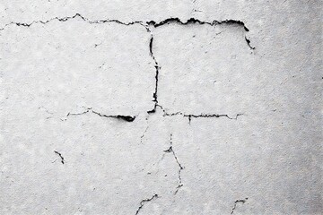 Sticker - Long crack on the grey grunge cement wall. Abstract damaged wall texture with traces of destruction from old age and long time use, created with generative ai