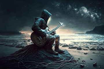 Wall Mural - person, sitting on the beach, playing mysterious and atmospheric tune on electric guitar, created with generative ai