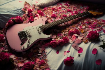 Canvas Print - electric guitar, lying on bed of rose petals and twigs, created with generative ai