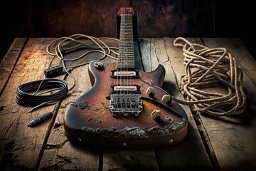 Sticker - electric guitar, sitting on a wooden table, with its strings and pickups visible, created with generative ai