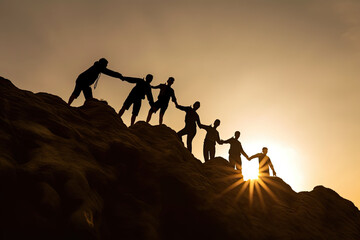 Group of hikers helping each other climb up the mountain. 