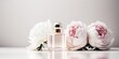 Tender stylish perfume composition, bottles of perfume and flowers, pinkish illustration. Generative Ai