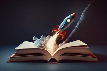 Illustration of rocket taking off from a book, startup and creativity concept, blue background. Generative AI