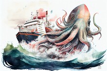 Watercolor Illustration Of A Huge Angry Grinning Scary Squid Rising Up Attacks A Modern Liner Ship In The Ocean Sea. Generative AI