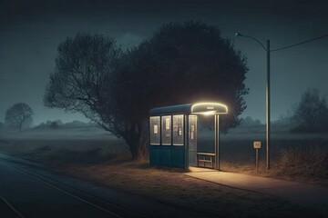 Canvas Print - a bus stop with flickering lantern, surrounded by darkness, created with generative ai